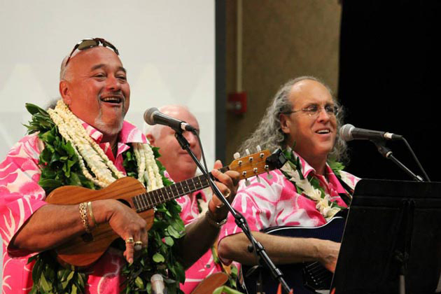 Pili onstage with Kumu Pekelo Day at the George Na&lsquo;ope Hula Festival